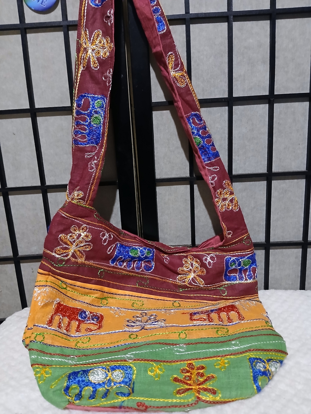 Embroidered Multicolor Cotton Hobo Bag